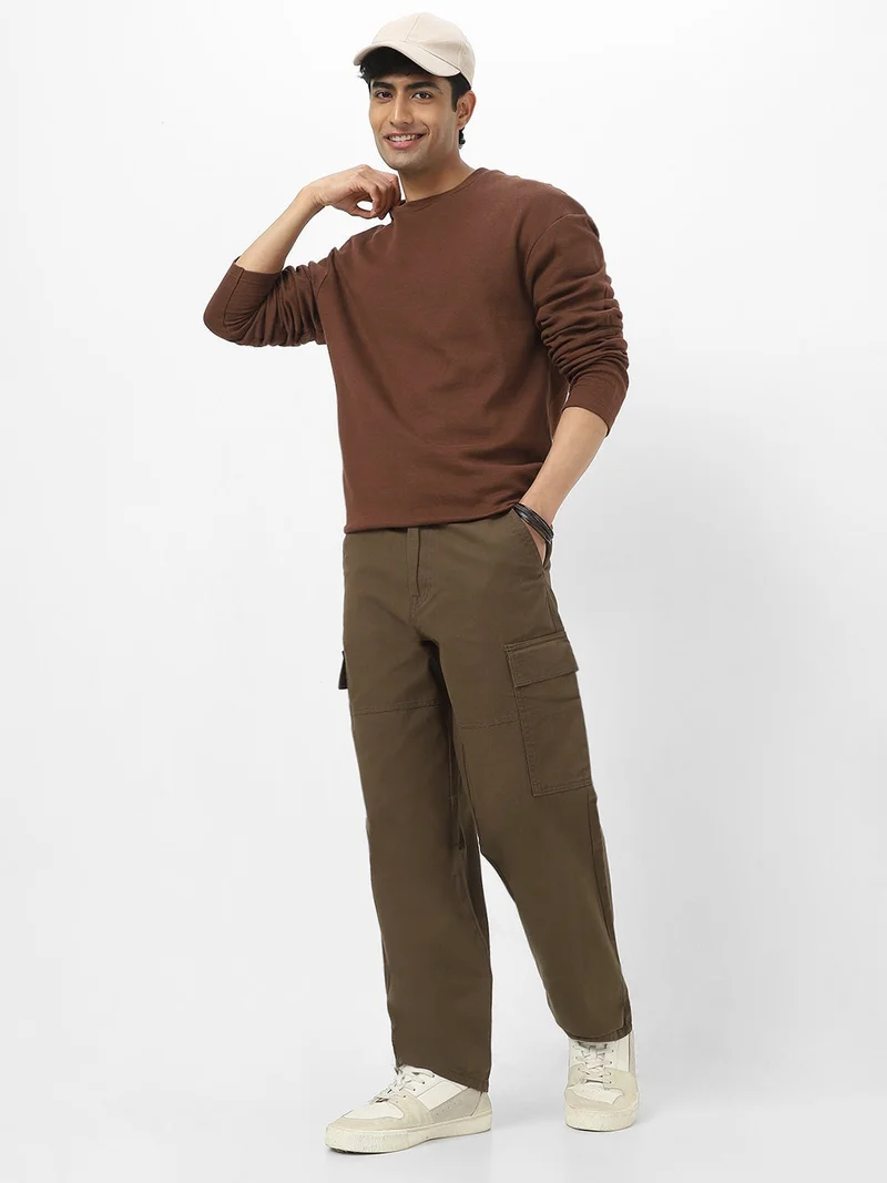 Urbano Fashion  Urbano Fashion Men's Chocolate Brown Textured Round Neck Oversized Full Sleeve Cotton T-Shirt  | Best Price UAE