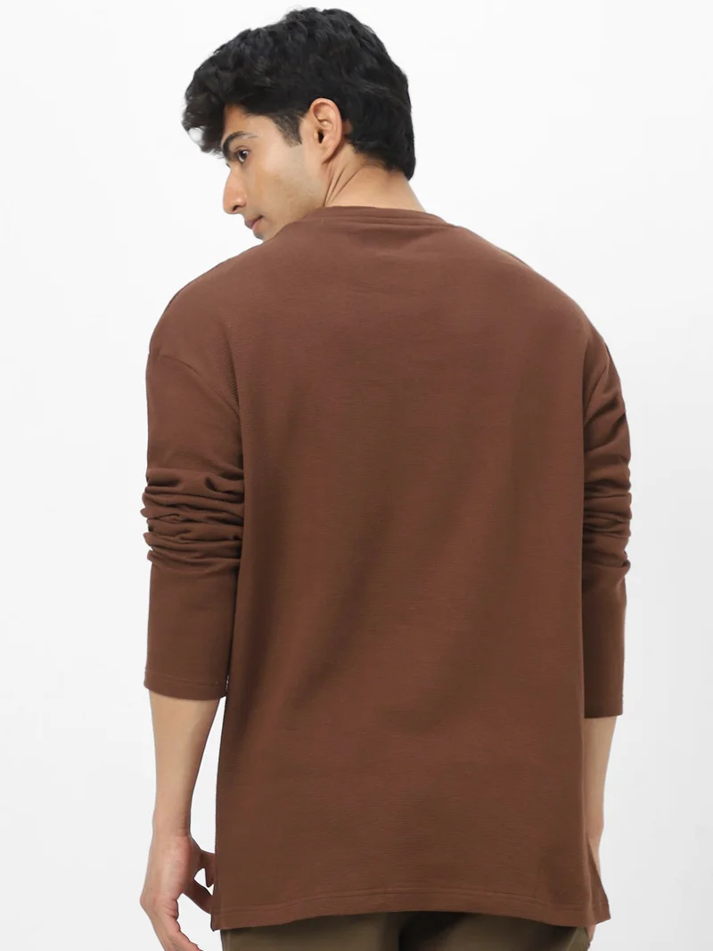 Urbano Fashion  Urbano Fashion Men's Chocolate Brown Textured Round Neck Oversized Full Sleeve Cotton T-Shirt  | Best Price UAE