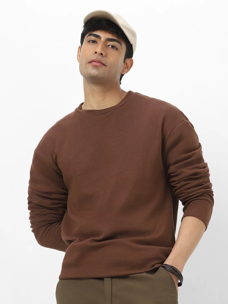 Urbano Fashion Men's Chocolate Brown Textured Round Neck Oversized Full Sleeve Cotton T-Shirt
