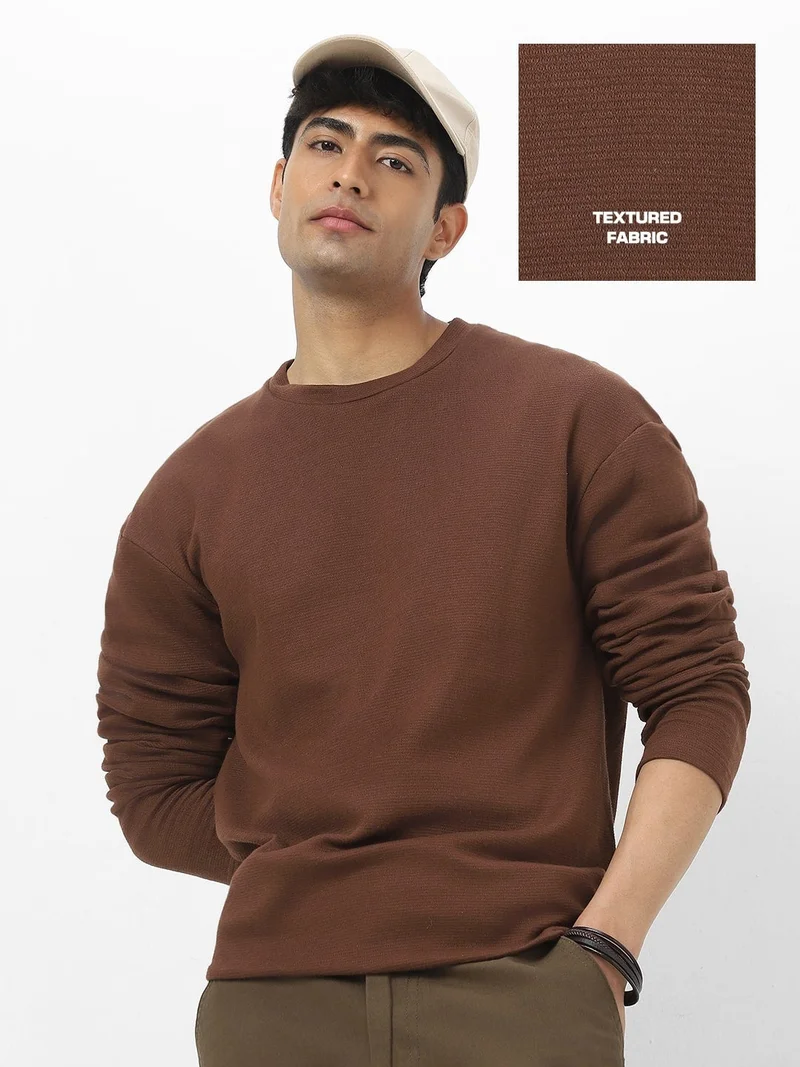 Urbano Fashion  Urbano Fashion Men's Chocolate Brown Textured Round Neck Oversized Full Sleeve Cotton T-Shirt  | Best Price UAE