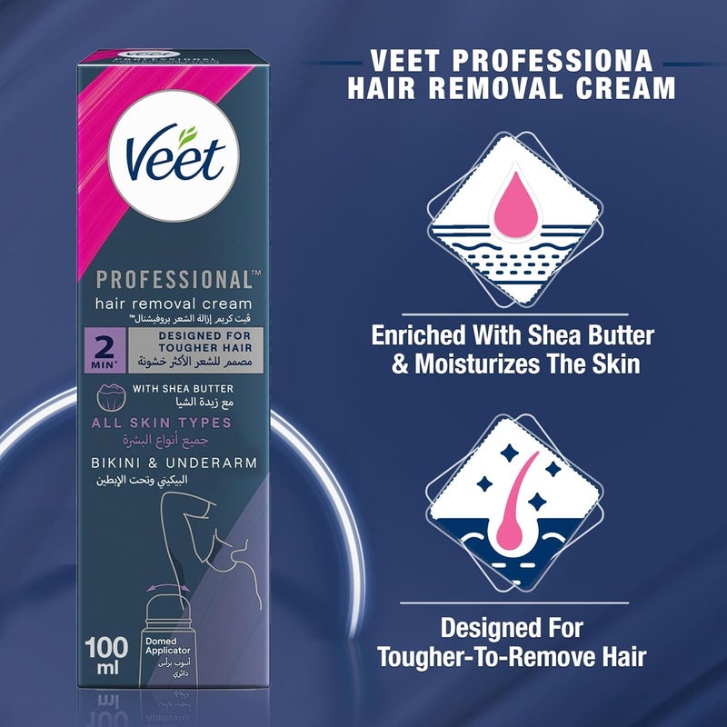 Veet Professional Hair Removal Cream, Bikini & Underarm - Designed for Tougher Hair with Domed Applicator, Suitable for All Skin Types, With Shea Butter, 100ml - Image 2