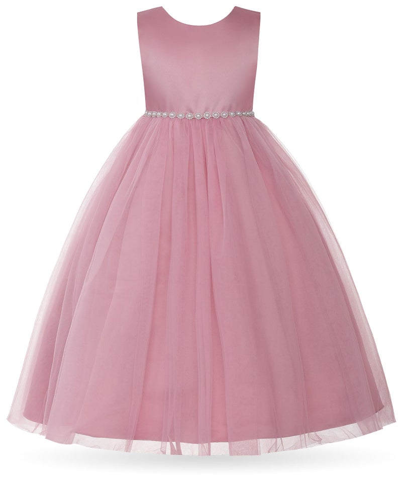 Uhnice Flower Girl Pearl Dress Tulle Ball Gown Bow Prom with Heart Cutout for Wedding Birthday Party (Pink, 110/4-5 Years) - Image 2
