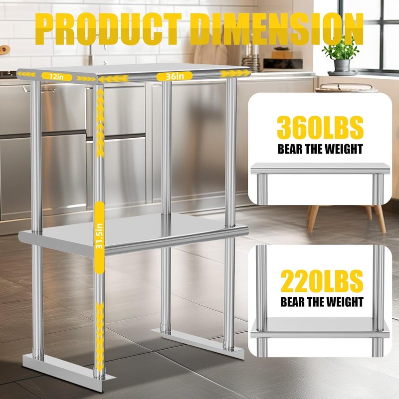 Cheengoo Double Overshelf 2 Tier Stainless Steel Shelf 12 x 36 Inch, Weight Capacity 330lb for Prep & Work Table in Restaurant, Home and Kitchen - Image 4