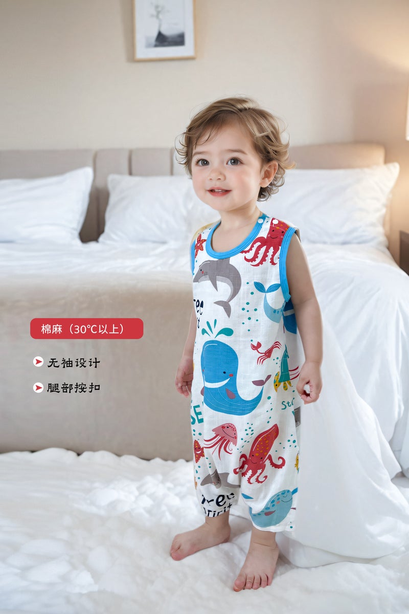 Superman Doudou Spring and Summer Thin Baby Gauze Sleeping Bag Baby Short-sleeved Leg Kick-proof Quilt for Middle and Big Children All Seasons Underwater World-Cotton and Linen Vest 