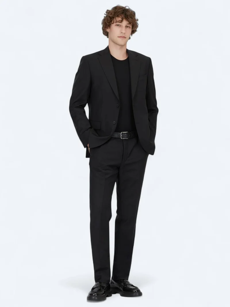 Kip Black Plain Modern Fit Wool Blended Suit