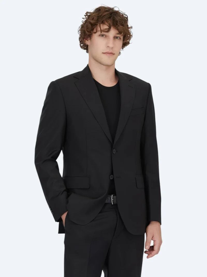Kip Black Plain Modern Fit Wool Blended Suit