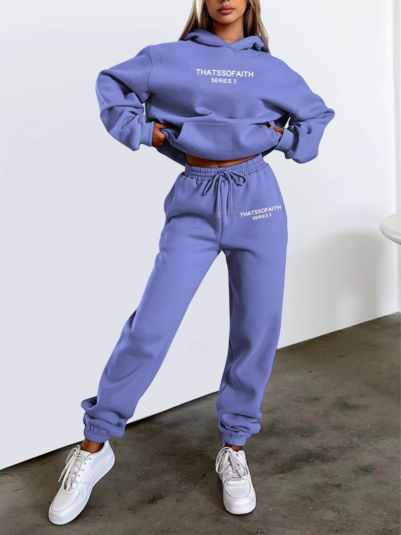 Women'S Letters Printed Hooded Sweat Fashion Casual Grab Pants Suit - Image 1