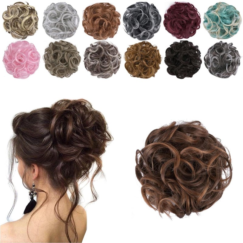 Elaine Messy Bun Hair Piece for Women Thick Curly Hair Bun Scrunchies Synthetic Wavy Bun Hair Extensions Chignon Ponytail Updo Hairpieces Dark Brown Tip Light Auburn 99