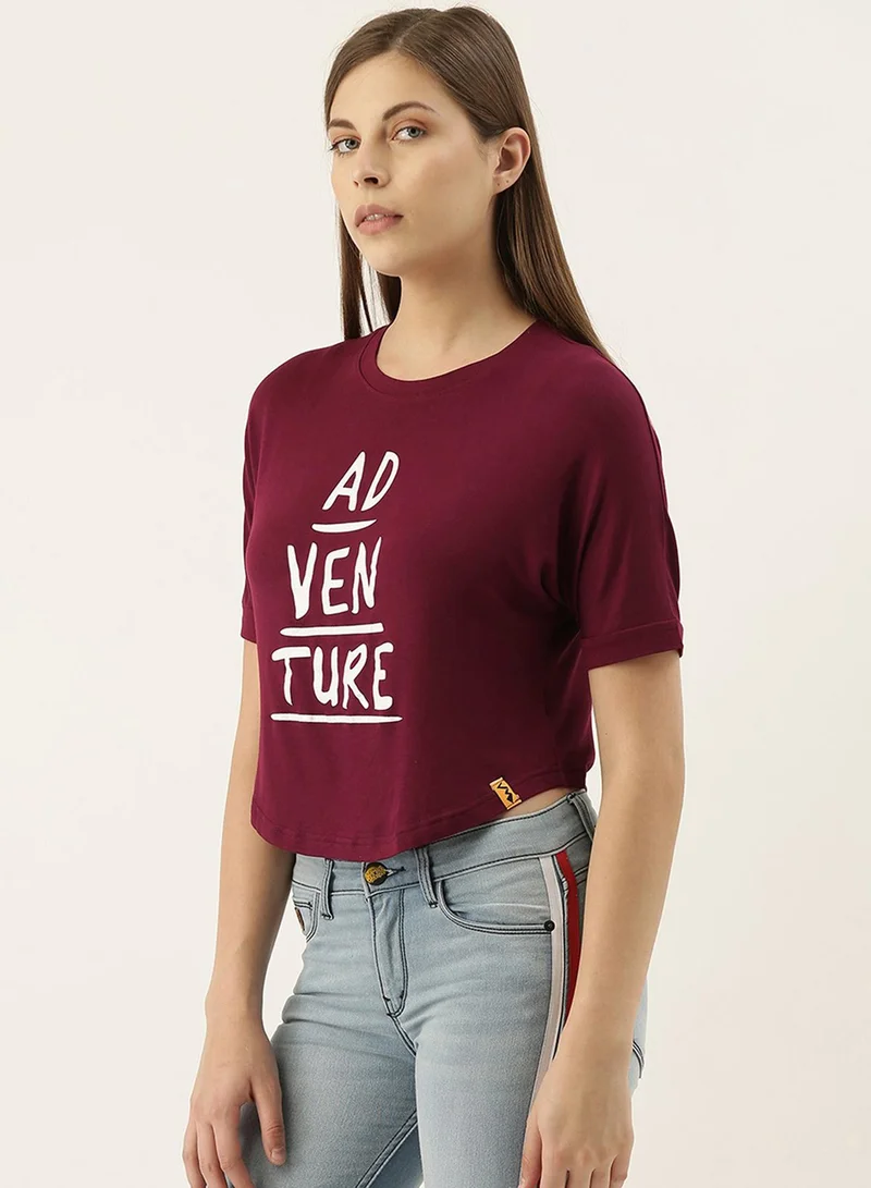 Campus Sutra Campus Sutra Women's Maroon Printed Regular Fit Top For Casual Wear | Short Sleeve | Crewneck | Top Crafted With Regular Sleeve, Comfort Fit & High-Performance For Everyday Wear