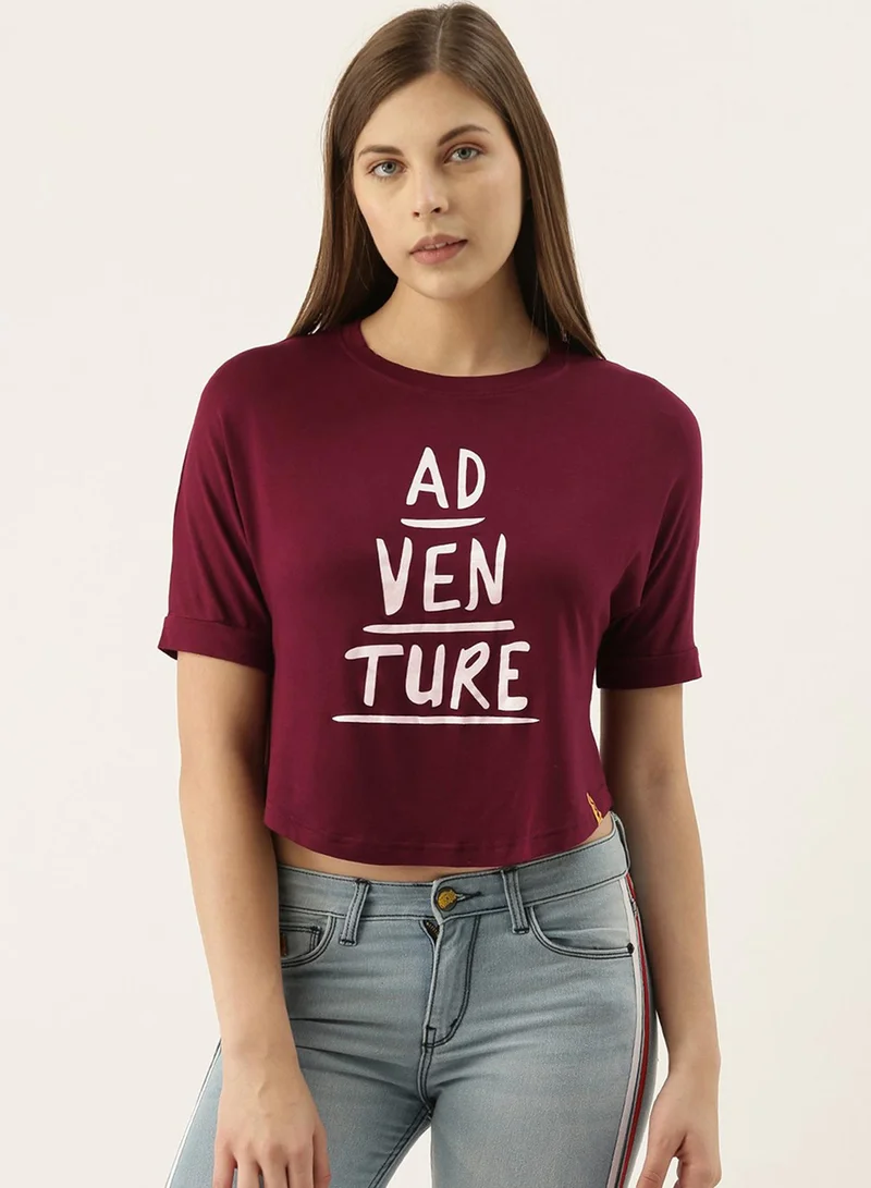 Campus Sutra Campus Sutra Women's Maroon Printed Regular Fit Top For Casual Wear | Short Sleeve | Crewneck | Top Crafted With Regular Sleeve, Comfort Fit & High-Performance For Everyday Wear
