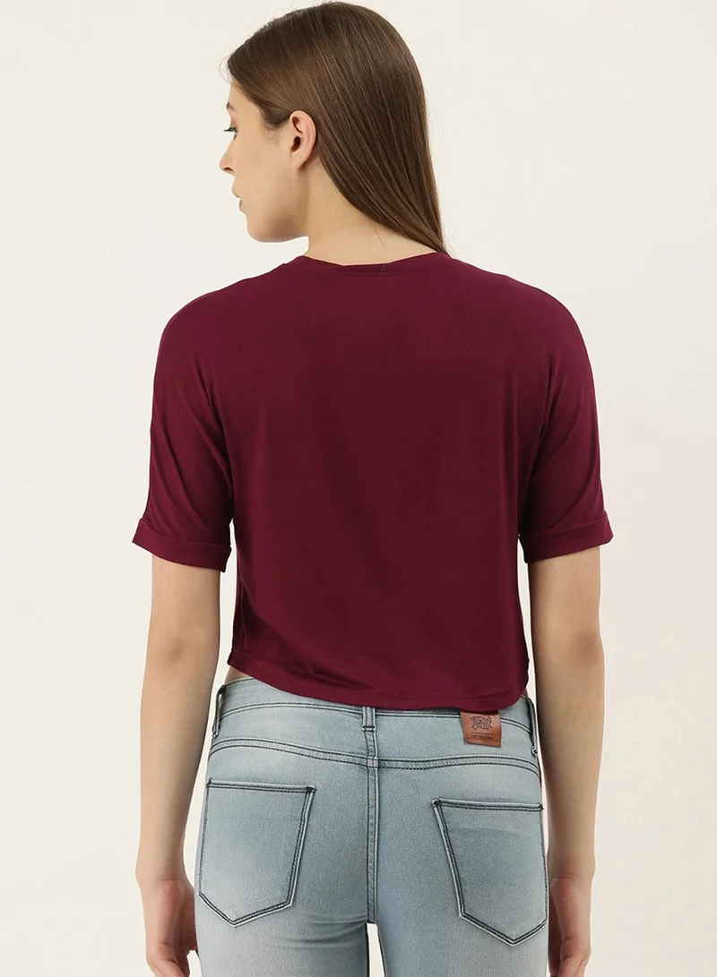 Campus Sutra Campus Sutra Women's Maroon Printed Regular Fit Top For Casual Wear | Short Sleeve | Crewneck | Top Crafted With Regular Sleeve, Comfort Fit & High-Performance For Everyday Wear