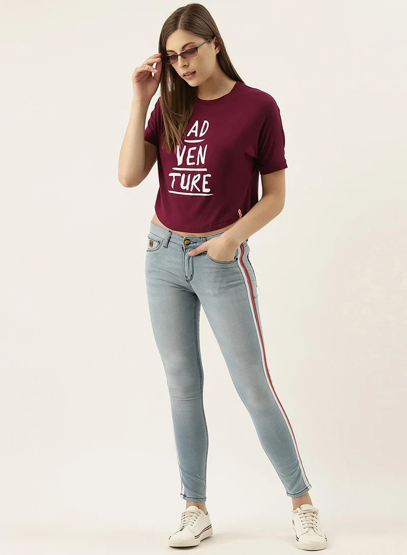 Campus Sutra Campus Sutra Women's Maroon Printed Regular Fit Top For Casual Wear | Short Sleeve | Crewneck | Top Crafted With Regular Sleeve, Comfort Fit & High-Performance For Everyday Wear