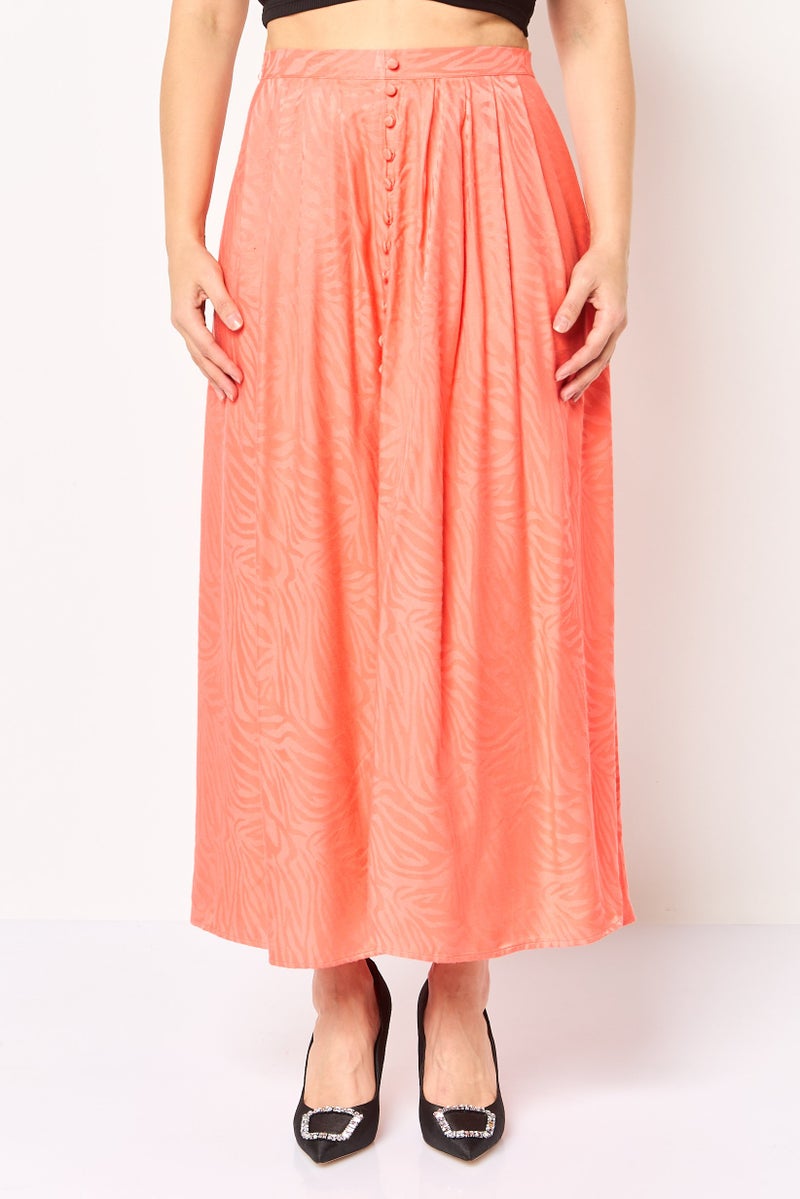 promod Women Abstract Pattern Midi Skirt, Bright Peach - Image 1