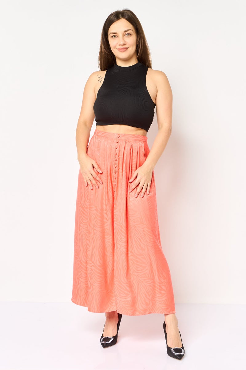 promod Women Abstract Pattern Midi Skirt, Bright Peach - Image 2