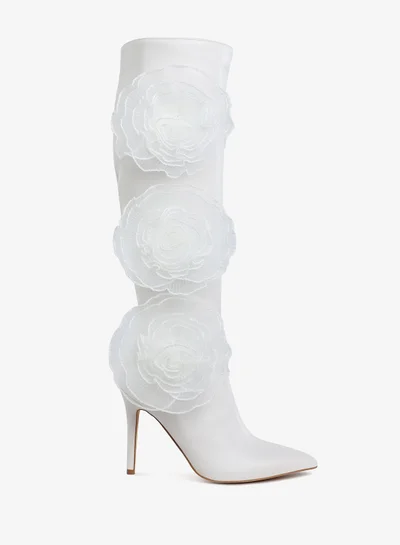 London Rag Sheer Big Rose Detail Long Boots in White