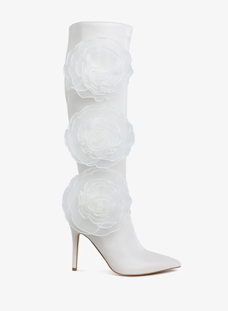 London Rag Sheer Big Rose Detail Long Boots in White