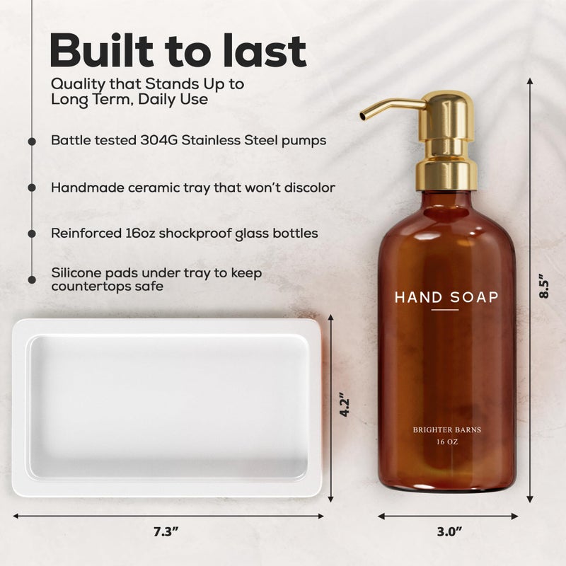 Brighter Barns Luxury Glass Soap and Lotion Dispenser Set with Tray by Brighter Barns - Hand Soap Dispenser Bathroom Set w/Stainless Steel Pump - Gold Bathroom Decor for Guest House, Airbnb, Spa, Gift (Amber/Gold) - Image 3