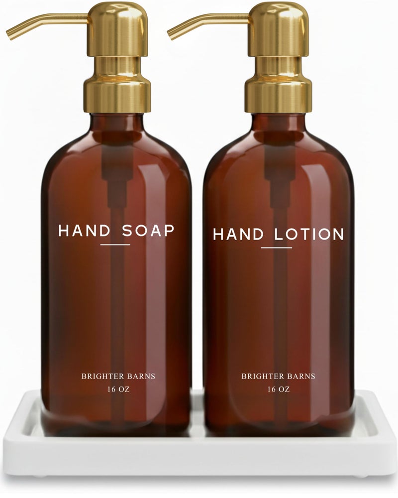 Brighter Barns Luxury Glass Soap and Lotion Dispenser Set with Tray by Brighter Barns - Hand Soap Dispenser Bathroom Set w/Stainless Steel Pump - Gold Bathroom Decor for Guest House, Airbnb, Spa, Gift (Amber/Gold) - Image 1