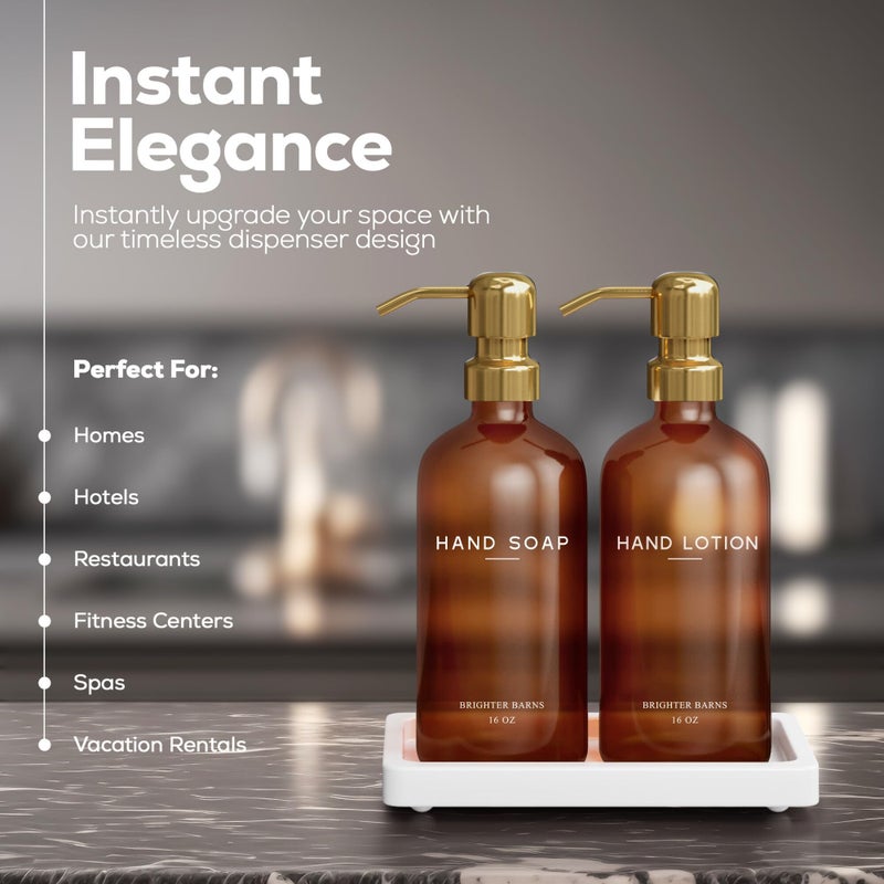 Brighter Barns Luxury Glass Soap and Lotion Dispenser Set with Tray by Brighter Barns - Hand Soap Dispenser Bathroom Set w/Stainless Steel Pump - Gold Bathroom Decor for Guest House, Airbnb, Spa, Gift (Amber/Gold) - Image 2