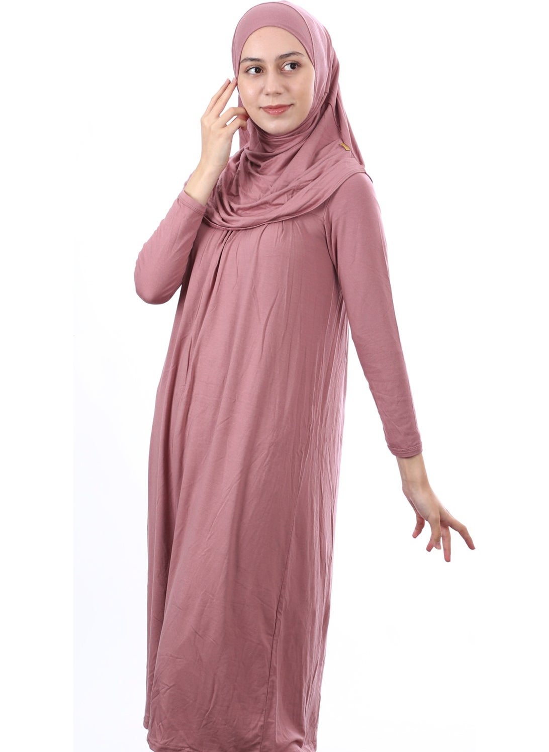 İhvan Online Waiter Boy 12-15 Years Old Pink One Piece Women's Prayer Dress with Headscarf  - Image 2