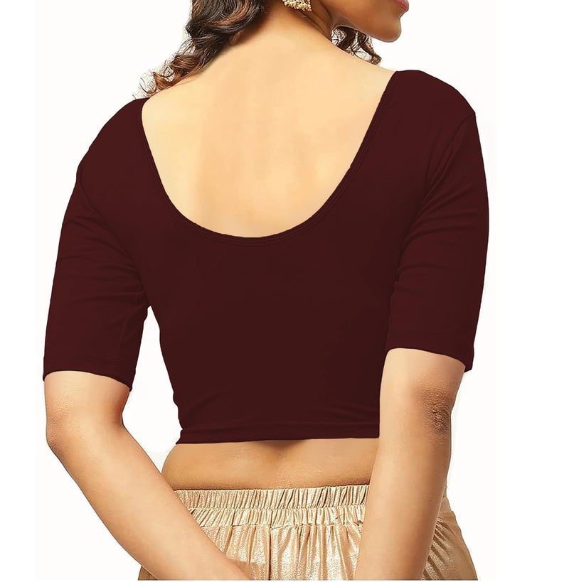 THE BLAZZE 1303 Women's Cotton Scoop Neck Backless Elbow Sleeve Crop Top Readymade Saree Blouse for Women's L152 B1303 (2XL, MRN), Maroon - Image 2