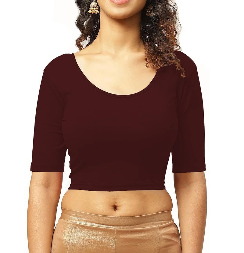 THE BLAZZE 1303 Women's Cotton Scoop Neck Backless Elbow Sleeve Crop Top Readymade Saree Blouse for Women's L152 B1303 (2XL, MRN), Maroon - Image 1