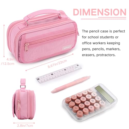 VASCHY Pencil Case Large Pencil Pen Pouch Organizer Holder w Portable Handle School Supplies for KidsTeensStudentsAdults Pink - Image 3