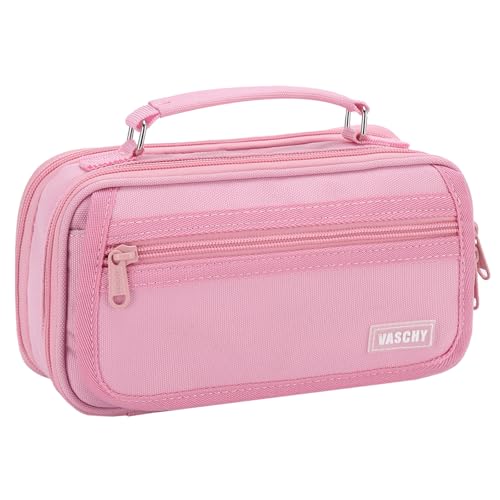 VASCHY Pencil Case Large Pencil Pen Pouch Organizer Holder w Portable Handle School Supplies for KidsTeensStudentsAdults Pink - Image 1