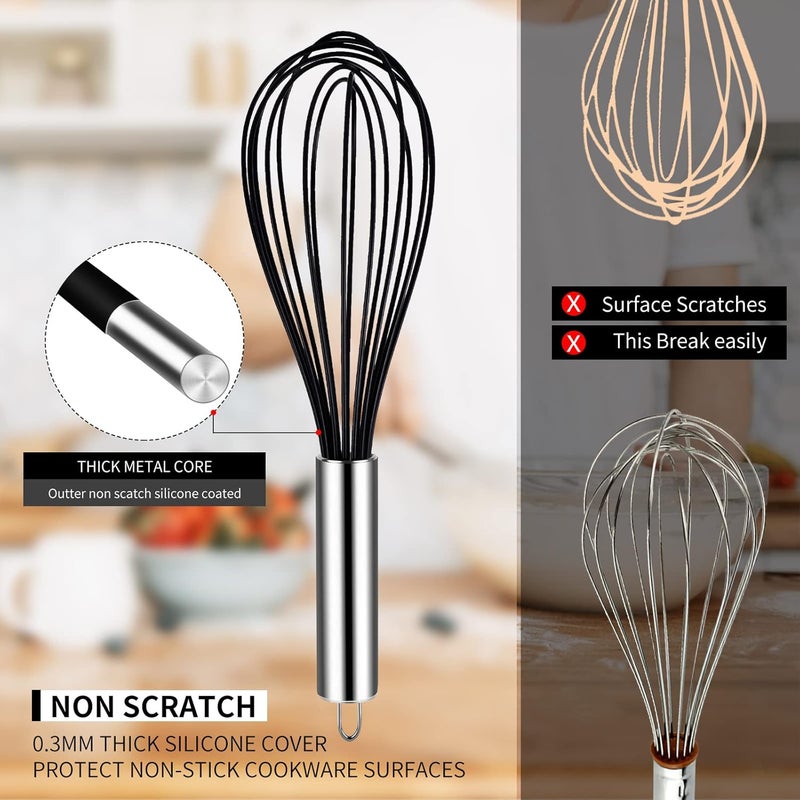TEEVEA Silicone Whisk Set of 3 Non Scratch Non Stick Silicone Coated Stainless Steel Wire Whisks Heat Resistant 480°F Kitchen Wisk for Cooking Blending Whisking Tool Black - Image 4