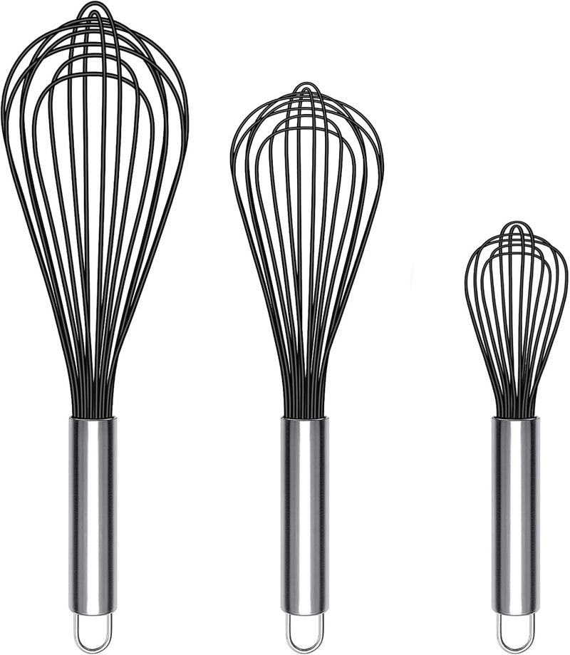 TEEVEA Silicone Whisk Set of 3 Non Scratch Non Stick Silicone Coated Stainless Steel Wire Whisks Heat Resistant 480°F Kitchen Wisk for Cooking Blending Whisking Tool Black - Image 1