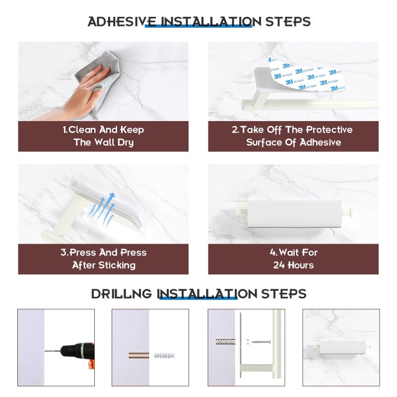 ASTOFLI Paper Towel Holder Under Cabinet No Drilling, Self Adhesive Paper Towel Holder Wall Mount for Kitchen Rack, Under Counter Napin Holder No Drill, RV, 304 Stainless Steel, White - Image 4