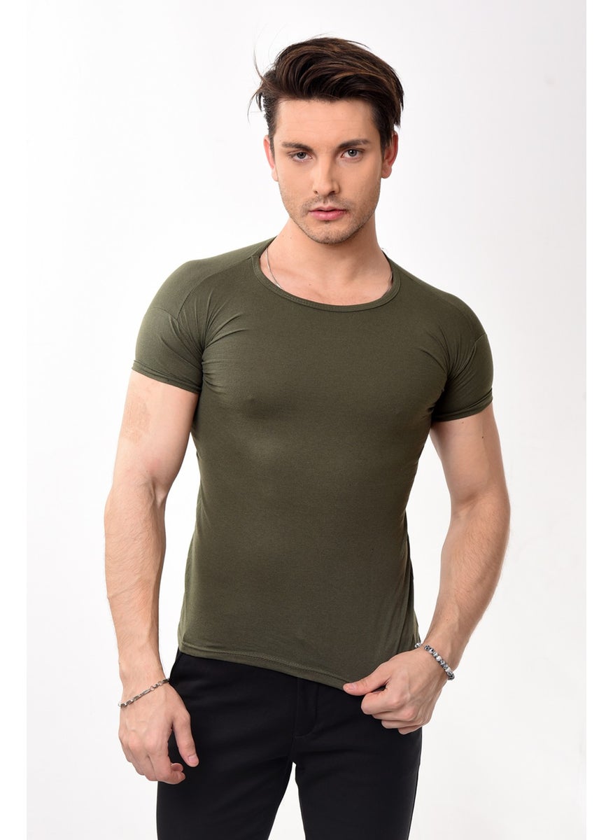 Belifanti Collection - تي شيرت أساسي بياقة دائرة بكم قصير رجالي مقاس نحيف كاكي - Image 1