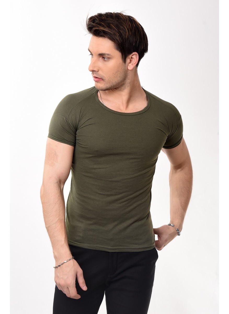 Belifanti Collection - تي شيرت أساسي بياقة دائرة بكم قصير رجالي مقاس نحيف كاكي - Image 1