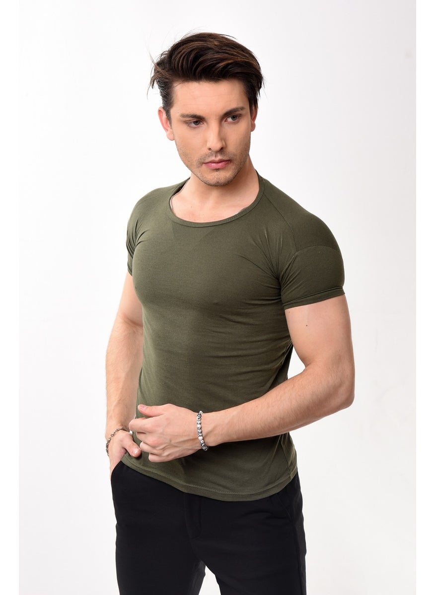 Belifanti Collection - تي شيرت أساسي بياقة دائرة بكم قصير رجالي مقاس نحيف كاكي - Image 1