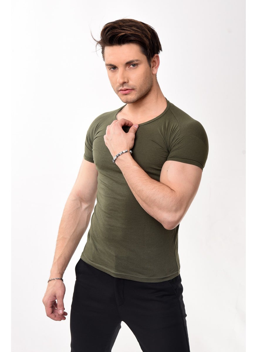 Belifanti Collection - تي شيرت أساسي بياقة دائرة بكم قصير رجالي مقاس نحيف كاكي - Image 1