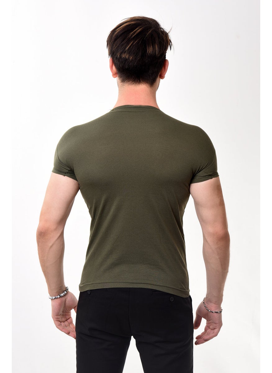 Belifanti Collection - تي شيرت أساسي بياقة دائرة بكم قصير رجالي مقاس نحيف كاكي - Image 1