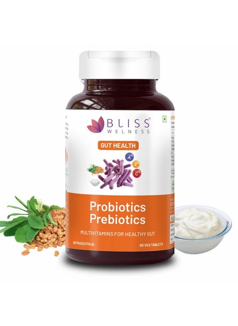 Bliss Welness Prebiotics and Probiotic Supplements 20 Billion CFU Digestive Enzymes With Galactomannan 120 mg | Improve Digestion, Immunity & Gut Health For Men and Women - 60 Tablets