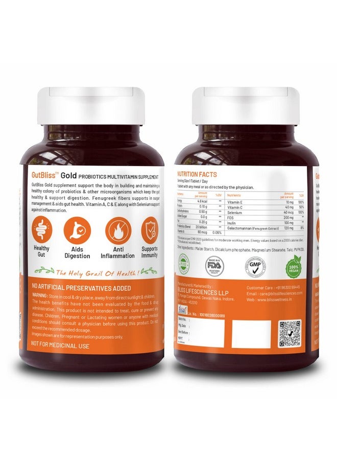 Bliss Welness Prebiotics and Probiotic Supplements 20 Billion CFU Digestive Enzymes With Galactomannan 120 mg | Improve Digestion, Immunity & Gut Health For Men and Women - 60 Tablets