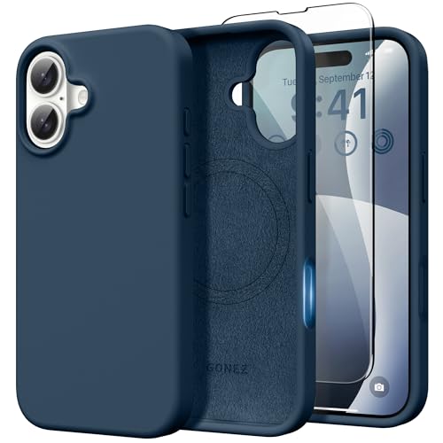 GONEZ Magnetic for iPhone 16 Case, [Compatible with MagSafe] Anti-Scratch Microfiber Lining & Screen Protector, Silicone Camera Control, Shockproof Slim Phone Cover 6.1 inch, Dark Blue - Image 1