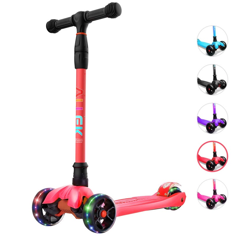 Allek Kick Scooter B02 Lean N Glide Scooter with Extra Wide PU LightUp Wheels and 4 Adjustable Heights for Children from 312yrs Red