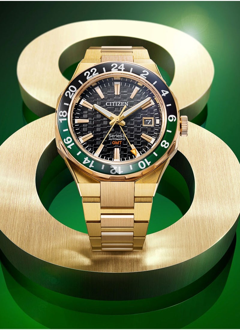 CITIZEN Series 8 880 GMT Mens Watch NB6033-51E  – Two-Tone Rose & Gold-Tone Stainless Steel Case, Black & Green Bi-Directional Bezel, Textured Black Dial, 41mm, Calibre 9054, GMT Function, 100M WR  - Image 1