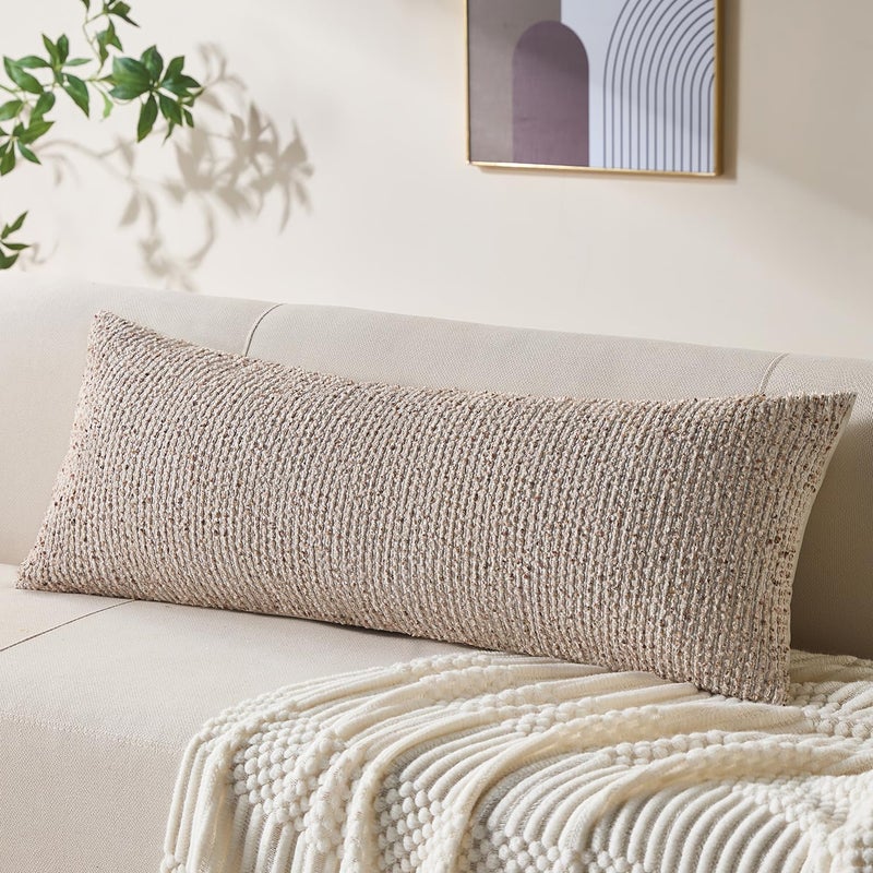 Allorry Decorative Lumbar Pillow Cover 14x36 Beige Striped Wool Long Body Pillow Neutral Textured Boho Lumbar Throw Pillow Cushion Covers for Modern Farmhouse Sofa Bed Living Room Decor SY011-A14 - Image 1