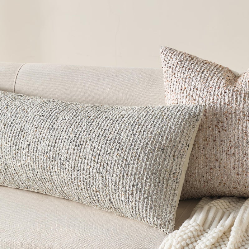 Allorry Decorative Lumbar Pillow Cover 14x36 Beige Striped Wool Long Body Pillow Neutral Textured Boho Lumbar Throw Pillow Cushion Covers for Modern Farmhouse Sofa Bed Living Room Decor SY011-A14 - Image 4