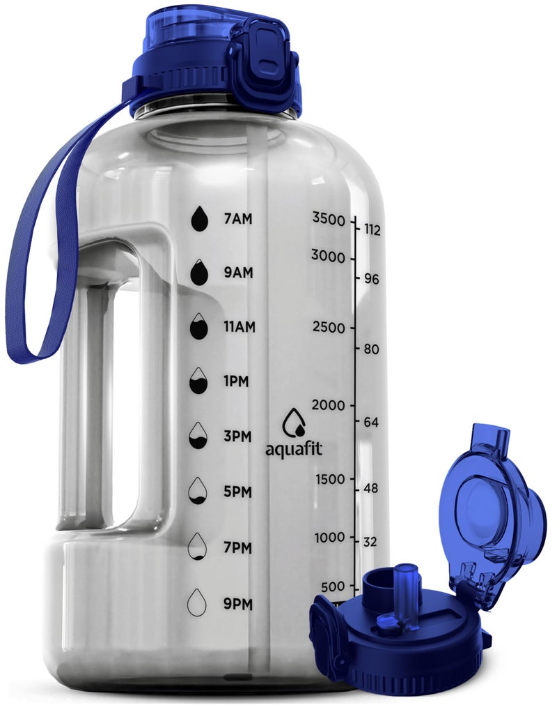 AQUAFIT 1 Gallon Water Bottle with Time Marker  Straw  Chug Lid  BPA Free Gym Water Bottle with Straw  Big Gallon Jug Clarity 128 oz  2in1 Lid