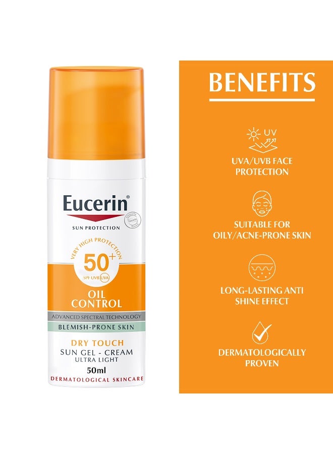 Eucerin Pack Of 2 Oil Control Sun Gel-Cream Dry Touch SPF 50+ 50ml, Unscented Sun Protection Gel for Sensitive, Oily and Acne-Prone Skin, Fast-Absorbing Sunscreen with UV Filter 50ml - Image 3