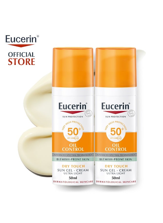 Eucerin Pack Of 2 Oil Control Sun Gel-Cream Dry Touch SPF 50+ 50ml, Unscented Sun Protection Gel for Sensitive, Oily and Acne-Prone Skin, Fast-Absorbing Sunscreen with UV Filter 50ml - Image 1
