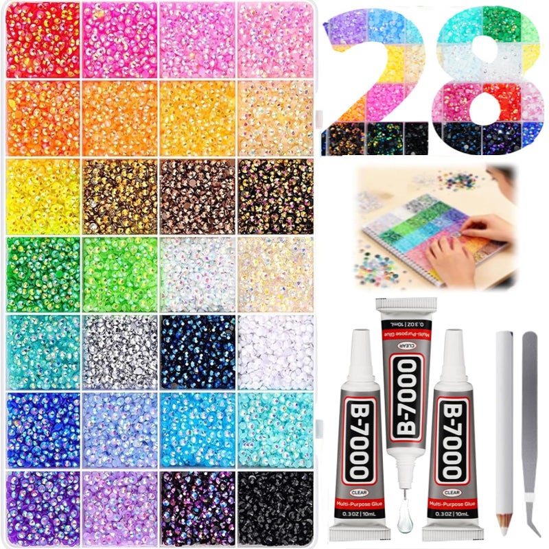 MeiAid Multicolor High-Gloss Resin Flatback Rhinestones (3mm) with 3Pcs B7000 Jewelry Glue - DIY Bedazzling Kit for Diamond Art, Nail Art & Crafts (30000) - Image 1