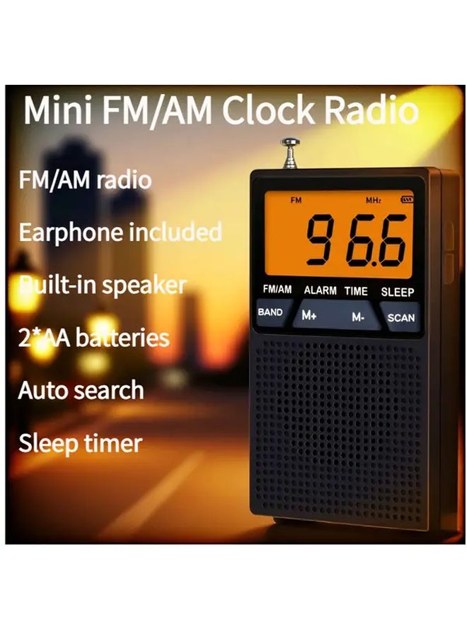 ساعة منبه راديو صغيرة محمولة باللون الأسود مع وظيفة الغفوة لموجات إف إم وإيه إم - Image 1