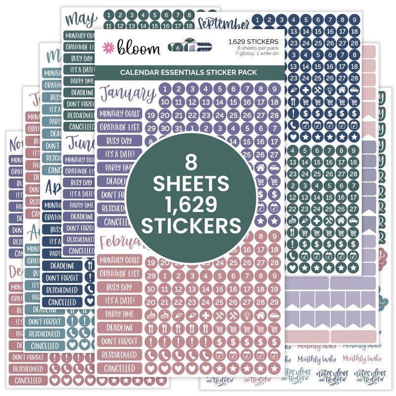 bloom daily planners Calendar Essentials Planner Stickers - 8 Sheets, 1629 Stickers Per Pack! - Color Coordinating Monthly Headings, Dates, Icons, Etc. - Jewel Tones - Image 1