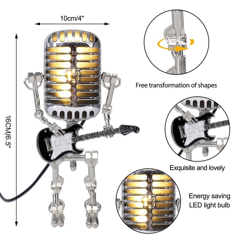 Xmpmrb Vintage Microphone Guitar Robot Lamp, Music Gifts for Men, Cool Gifts for Music Lovers, Vintage Light Home Decor Nightstand Desk Lamp for Bedroom, Music Studio (Black) - Image 3